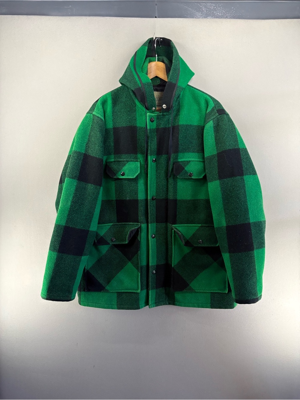 Vintage Johnson Woolen Mills Wool Hunting Coat Green Black Plaid USA XL? Hooded
